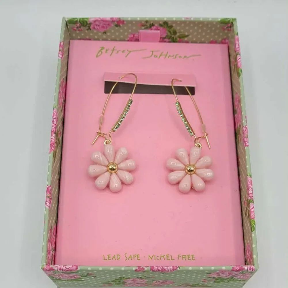 Betsey Johnson GoldโTone Shepherd Hook Earrings with Pink Flowers NWT!